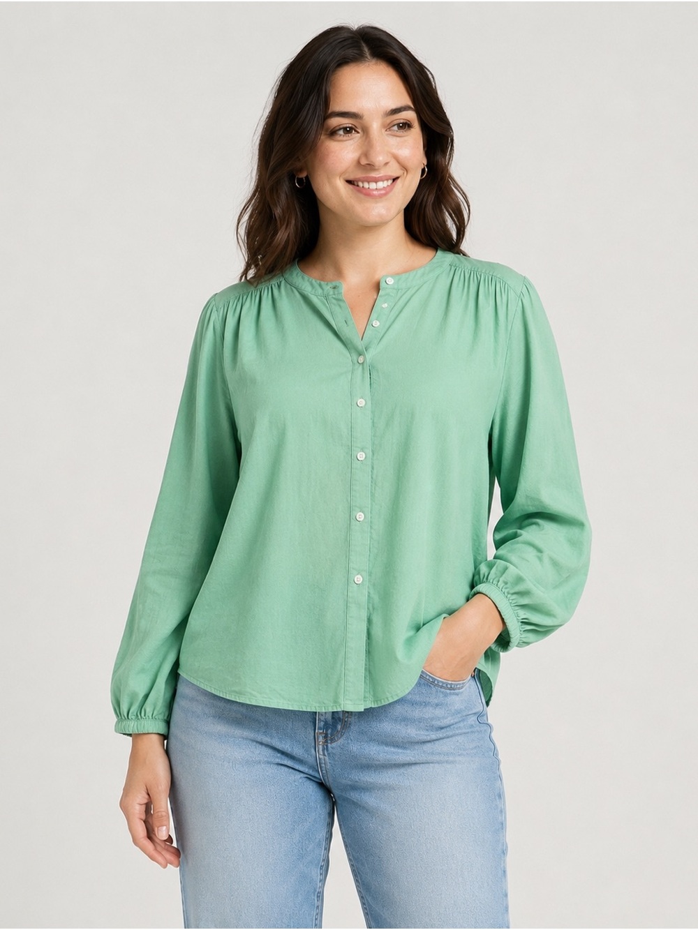 a new day Sage Green Button-Front Peasant Blouse